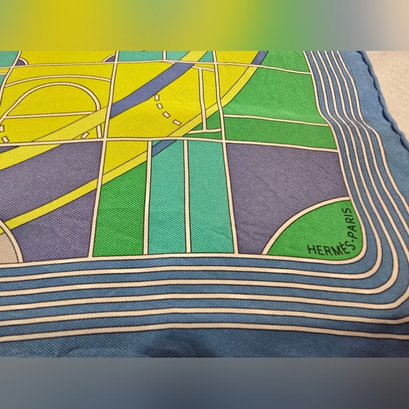 Silk Hermes Sport Pocket Square Bleu Azur Vert Fluo Mauve - Picture 3 of 5